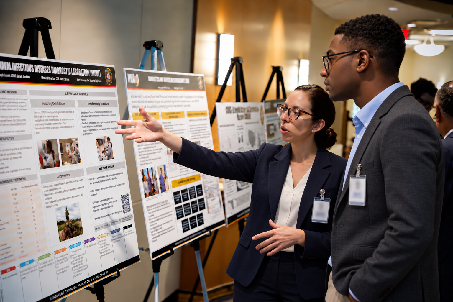 Medical students and residents in professional attire presenting posters at a research symposium